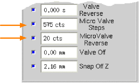 additional Micro Valve fluid dispensing parameters